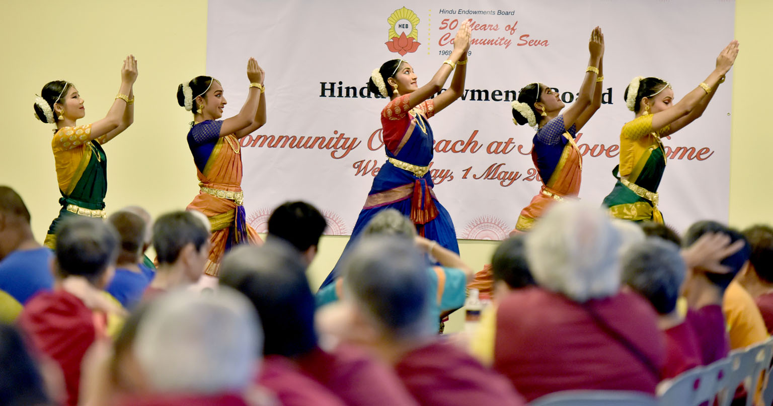 Dancers from Apsaras Arts dance group performing for the residents of Sunlove Home yesterday as part of the Hindu Endowments Board's celebration of its 50th anniversary. The board is marking the milestone by giving back to the community. Some members