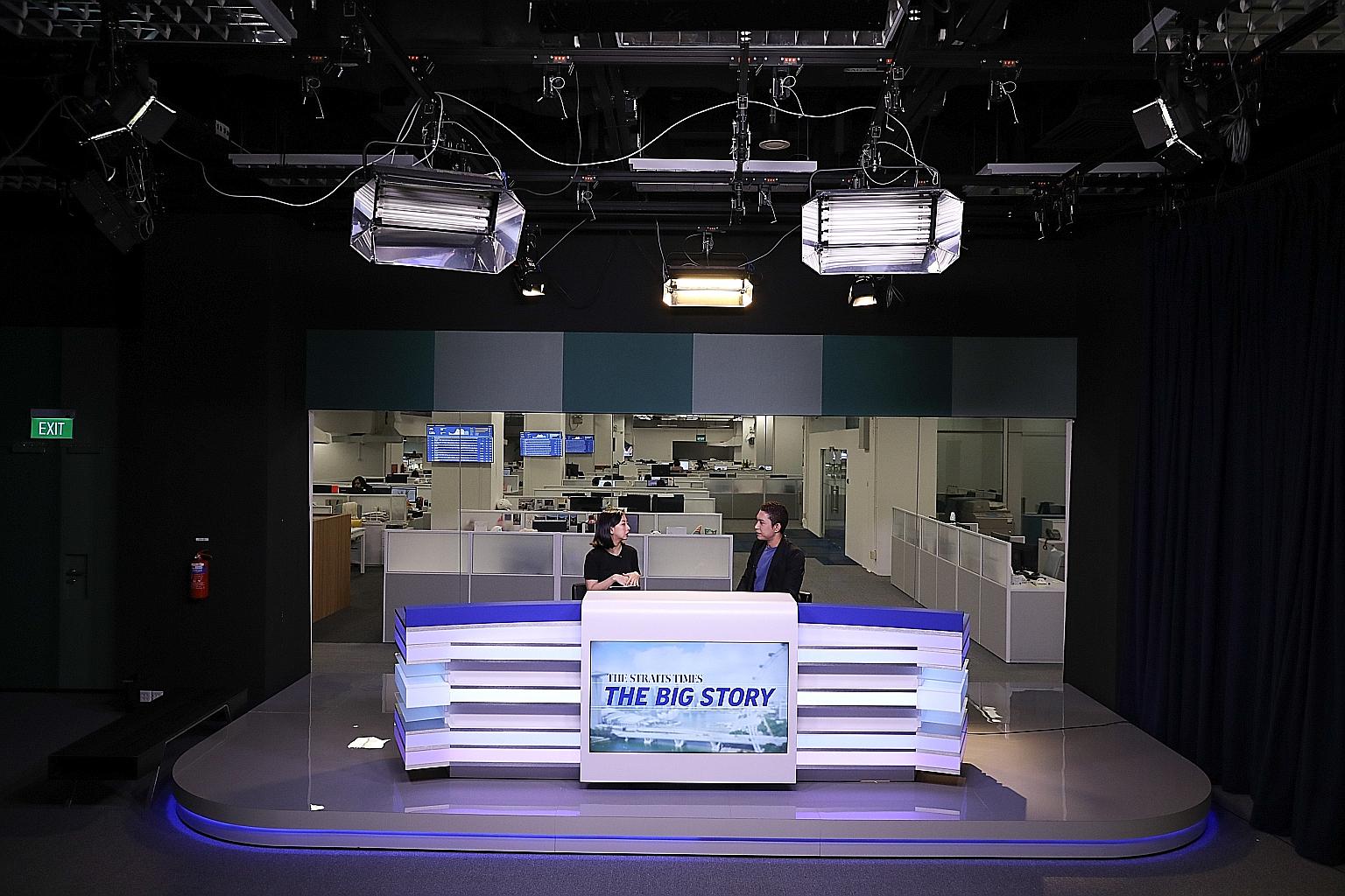 ST Life reporter Jan Lee and multimedia journalist Hairianto Diman in a rehearsal for The Big Story talk show, which will take place at 5.30pm on weekdays.