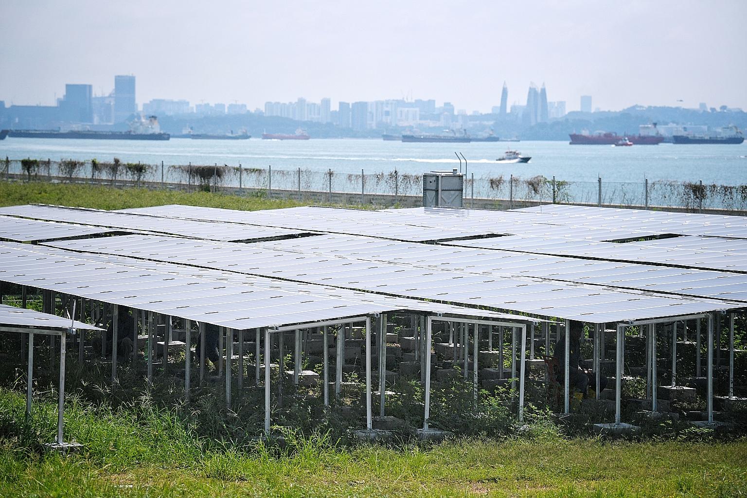 Solar panels at Nanyang Technological University's Renewable Energy Integration Demonstrator-Singapore site on Semakau Island. The micro-grid system, the first of its kind in South-east Asia, serves as a platform for companies to test research projec
