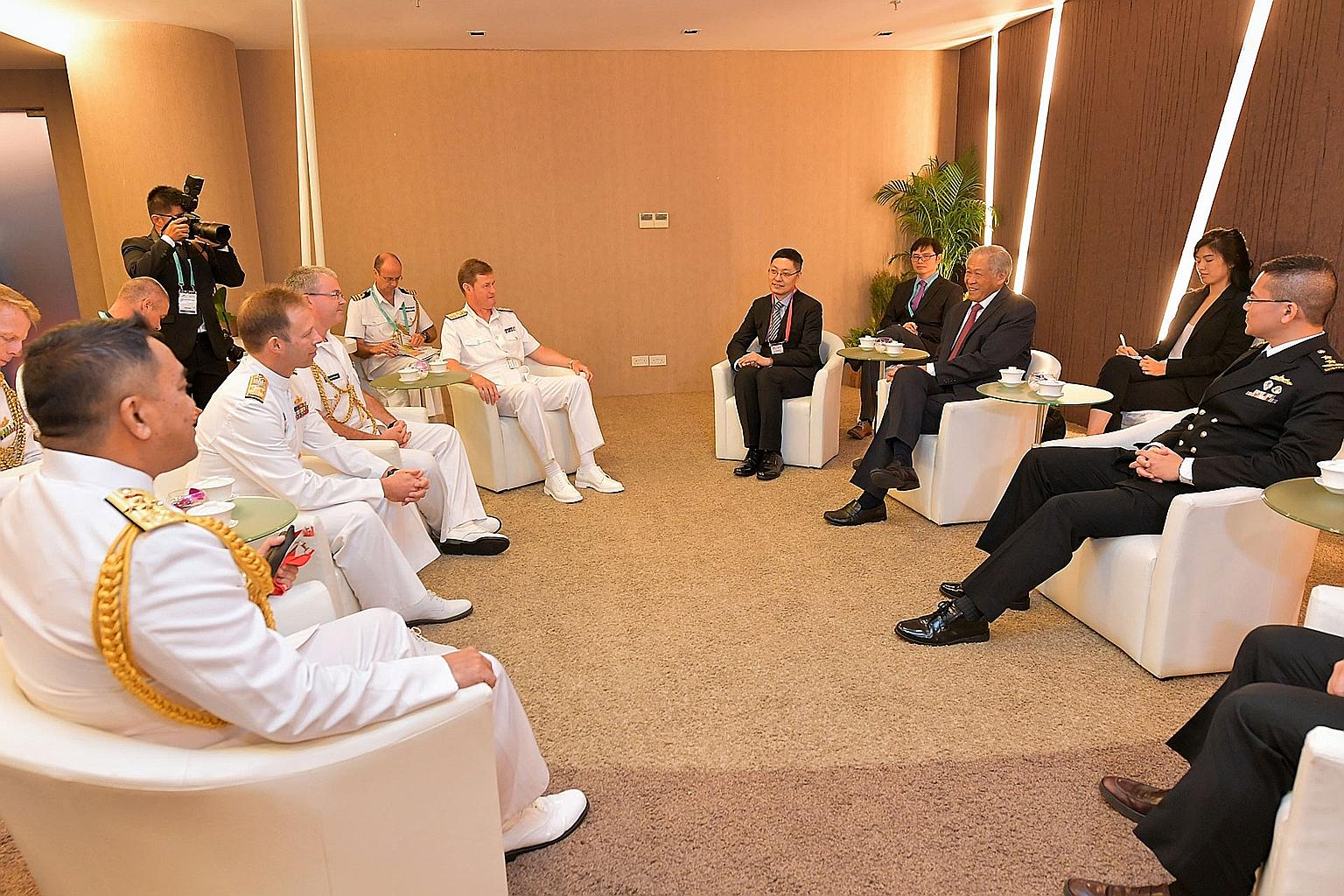Naval chiefs of the Five Power Defence Arrangements member nations calling on Minister for Defence Ng Eng Hen yesterday.