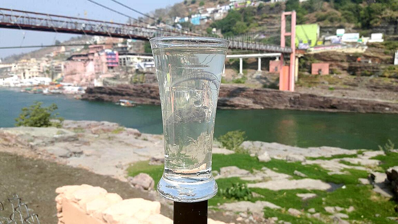 Clean water from the Narmada River, which supports the water needs of around 75 million people in the Indian state of Madhya Pradesh. Before Singapore social enterprise Ecosoftt installed a water reclamation system in 2014, the river was heavily poll