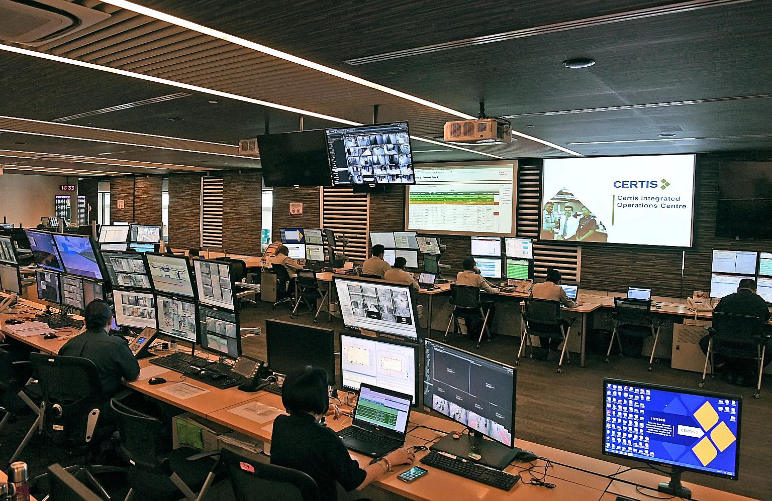 At the Certis Integrated Operations Centre at Changi Airport, thousands of cameras help staff monitor the passenger terminals, airport perimeter and Airport Boulevard. The firm is also looking into the feasibility of body-worn cameras for ground staf