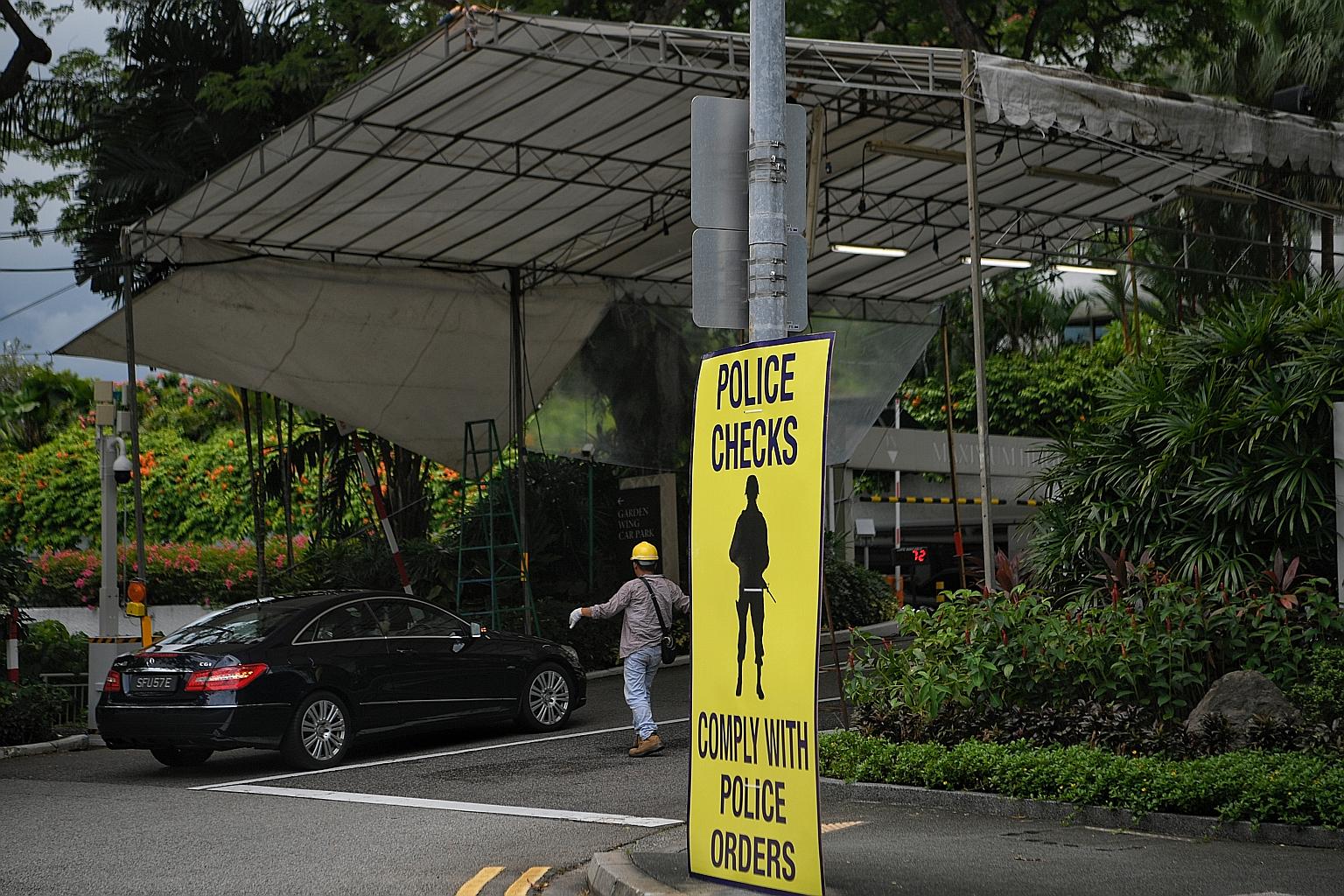 Strict security measures are in place around the Shangri-La Hotel in Orange Grove Road for the Shangri-La Dialogue, which begins today. ST PHOTO: MARK CHEONG