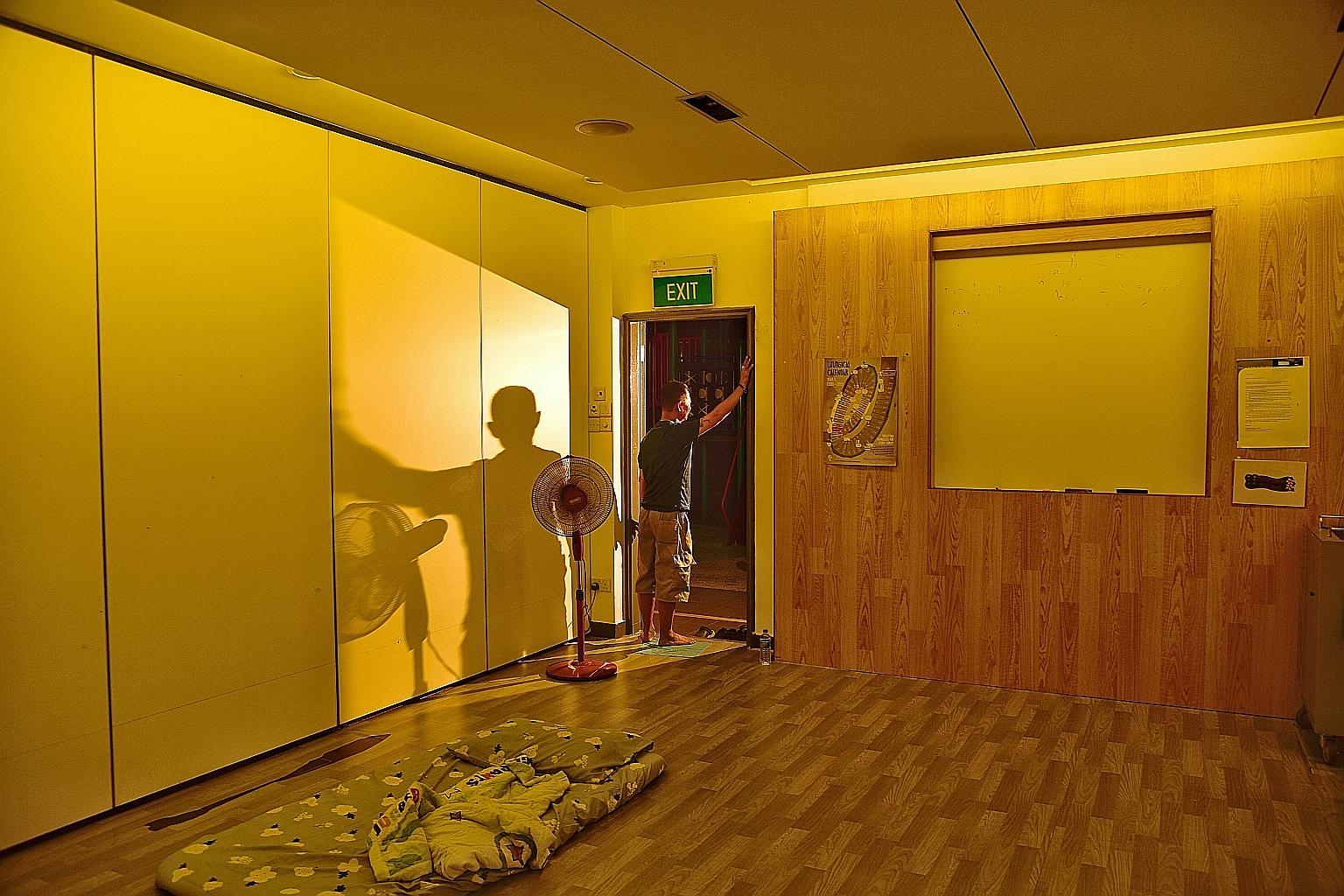 An odd-job worker, who wants to be known only as Mr Chua, 57, has been sleeping at St Mary of the Angels Church for the past month. He goes to the church in Bukit Batok after 9pm and leaves by 7am the next day. He says he has not asked for housing he