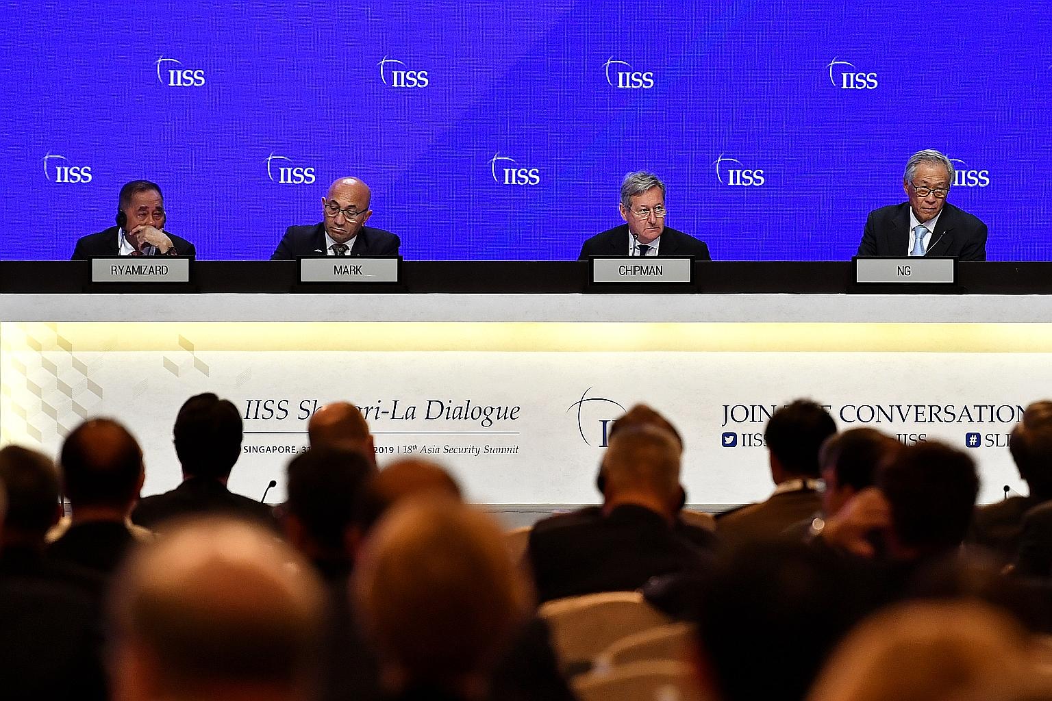 (From left) Indonesian Defence Minister Ryamizard Ryacudu, New Zealand Defence Minister Ron Mark, International Institute for Strategic Studies director-general and chief executive John Chipman and Defence Minister Ng Eng Hen on a panel at the Shangr