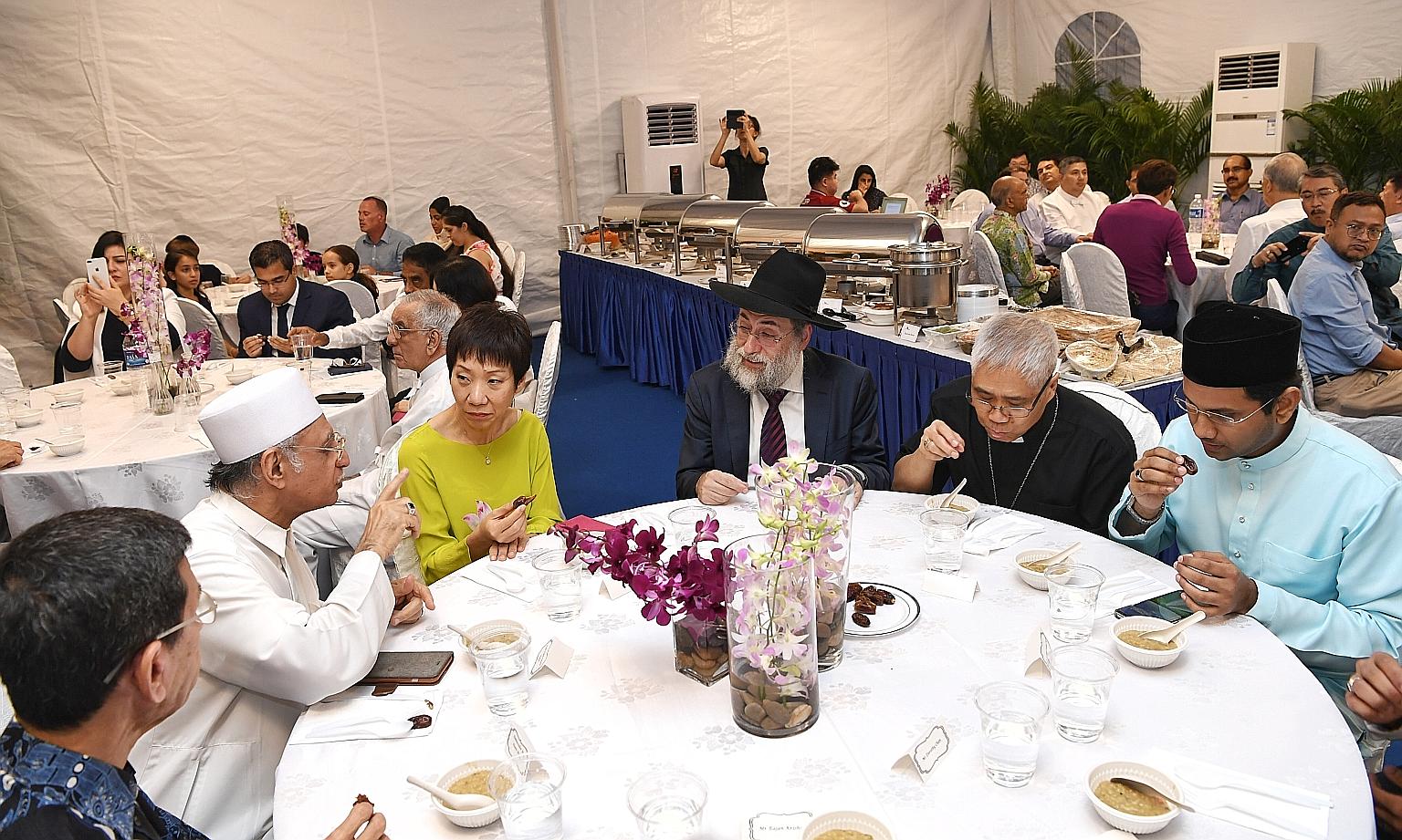 Present at the break-fast session are (from left) Muis president Mohammad Alami Musa, Imam Habib Hassan Al-Attas, Minister for Culture, Community and Youth Grace Fu, Chief Rabbi of Singapore Mordechai Abergel, Archbishop William Goh Seng Chye and Nom