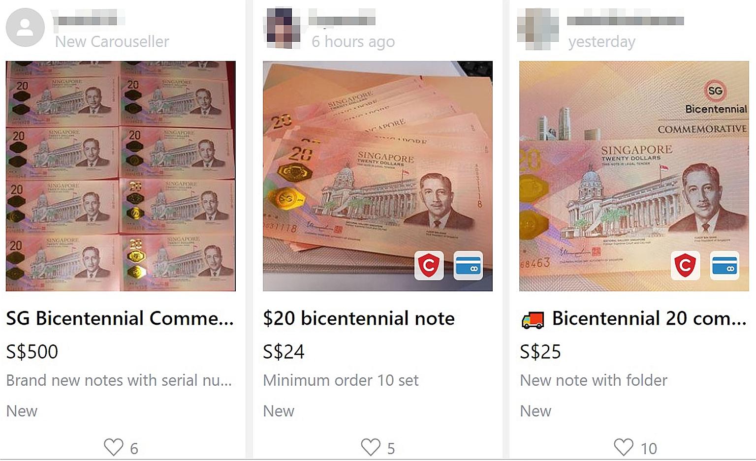 Bicentennial $20 notes for sale on Carousell yesterday. The bill sold out at many banks after its release on Monday, but more than 400 sales listings have since been posted online at marked-up prices.