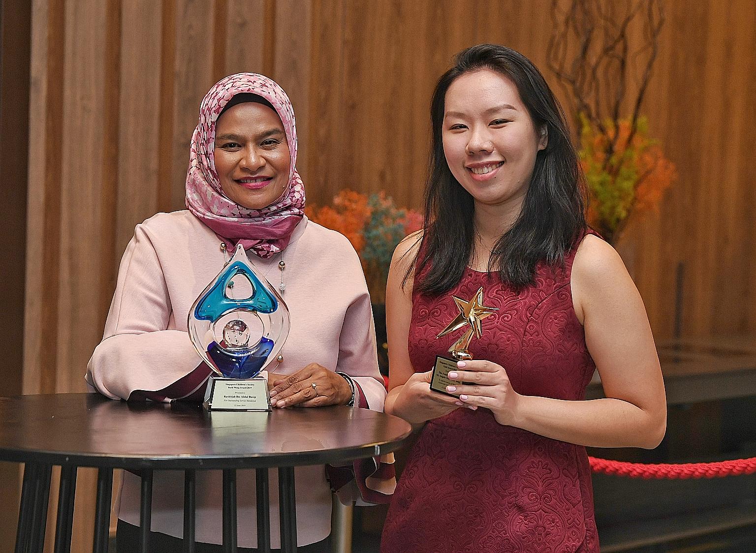 Long-time volunteer Rashidah Abdul Rasip was awarded the Singapore Children's Society's prestigious Ruth Wong Award, while Ms Go Li Jia collected the gold award on behalf of her late aunt, Ms Angela Koh Chay Yong, who died in 2017 and left $50,000 to
