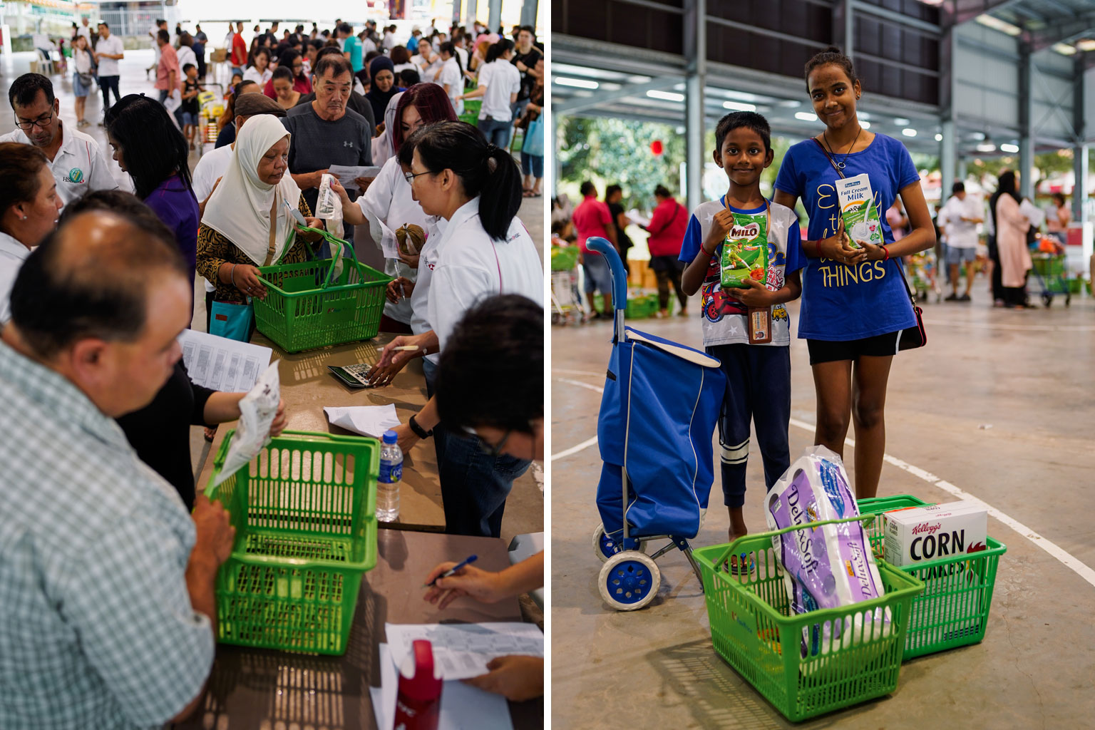 Siblings Jayben and Sabrina Louis (both above) with items from a pop-up supermarket in Yishun. They were among the beneficiaries from low-income households given vouchers to shop at two pop-up supermarkets for what they needed or wanted (left). ST PH