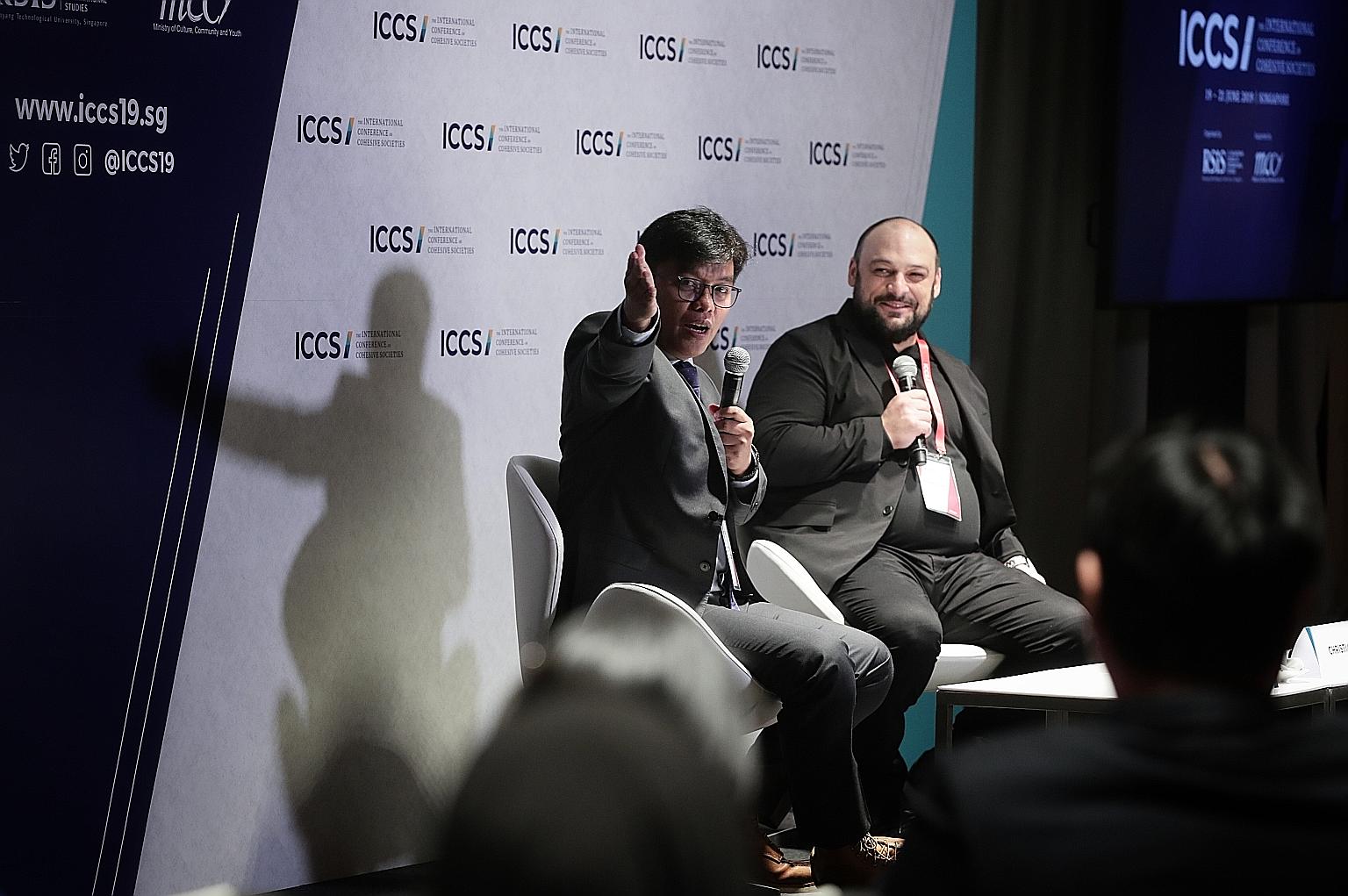 Indonesian activist Noor Huda Ismail (far left) and former white supremacist recruiter Christian Picciolini at a session on overcoming hate at the International Conference on Cohesive Societies yesterday. ST PHOTO: KELVIN CHNG