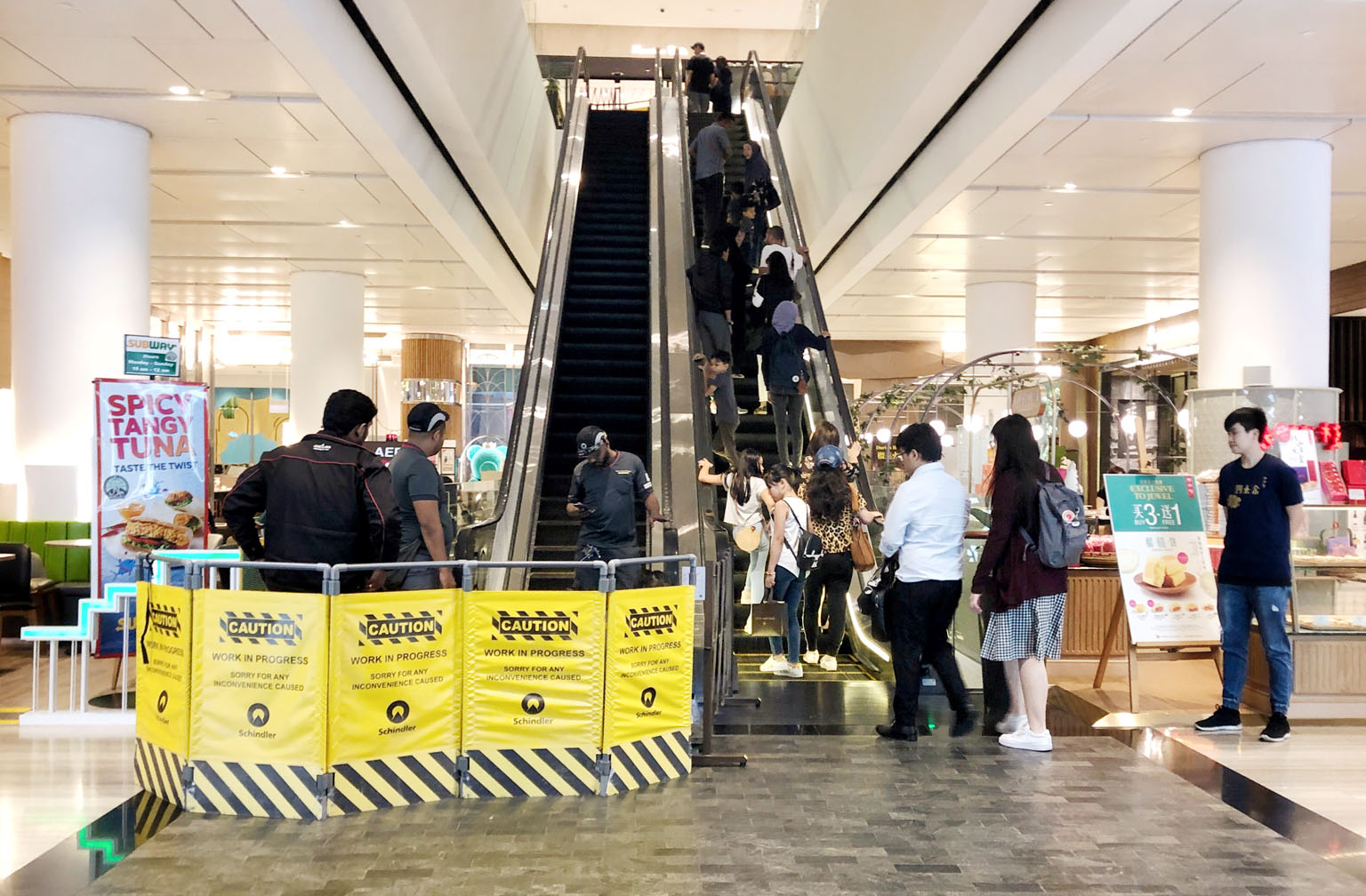 Officers from the Singapore Civil Defence Force used rescue tools to free a boy's foot yesterday, after it was caught in an escalator at Jewel Changi Airport. A spokesman for Jewel said the incident occurred as the boy's foot was brushing the side of