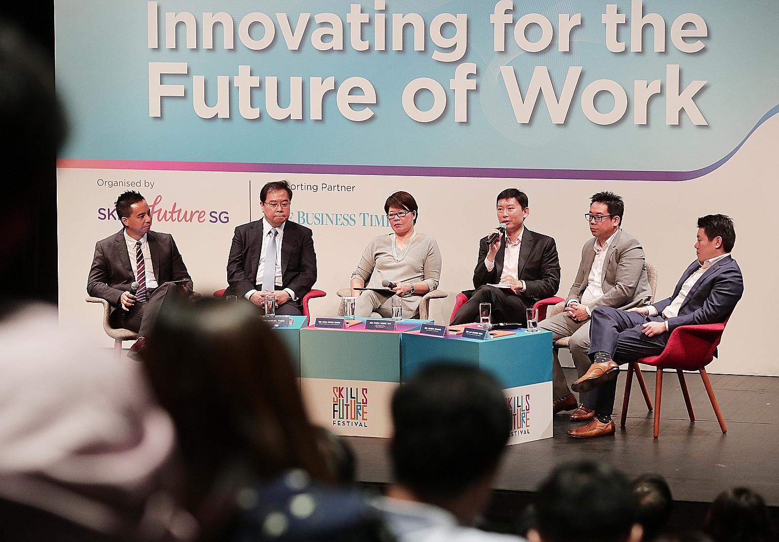 (From left) The Business Times' digital editor Chistopher Lim, OCBC Group CEO Samuel Tsien, Institute for Human Resource Professionals chairman Goh Swee Chen, Senior Minister of State Chee Hong Tat, Lazada Singapore CEO James Chang and Ninja Van CEO 