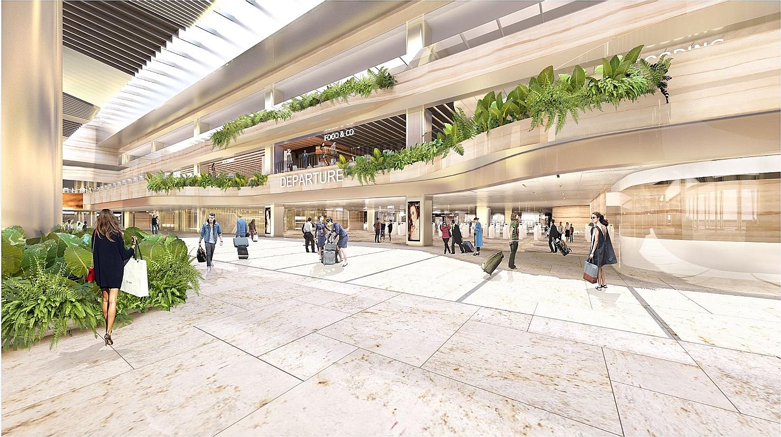 An artist's impression of the upgraded Terminal 2, which will include a departure hall with a new layout of check-in counters, and automated check-in kiosks and bag-drop machines.