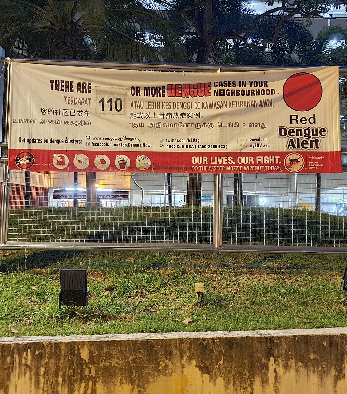 Banners like this warning about the dengue situation in the cluster were prominently displayed near Block 55 in Chai Chee Drive.