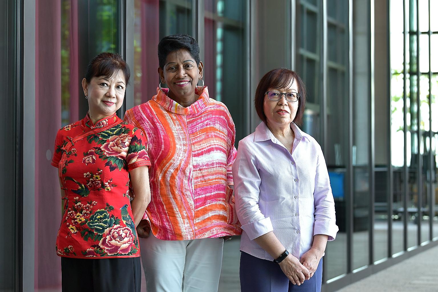 (From far left) Madam Teo Lin Lee, 59; Madam K. Madavy Nair, 69; and Madam Normah Ahmad, 66, are all long-time volunteers. They shared their experiences yesterday at an event celebrating active Merdeka Generation women.