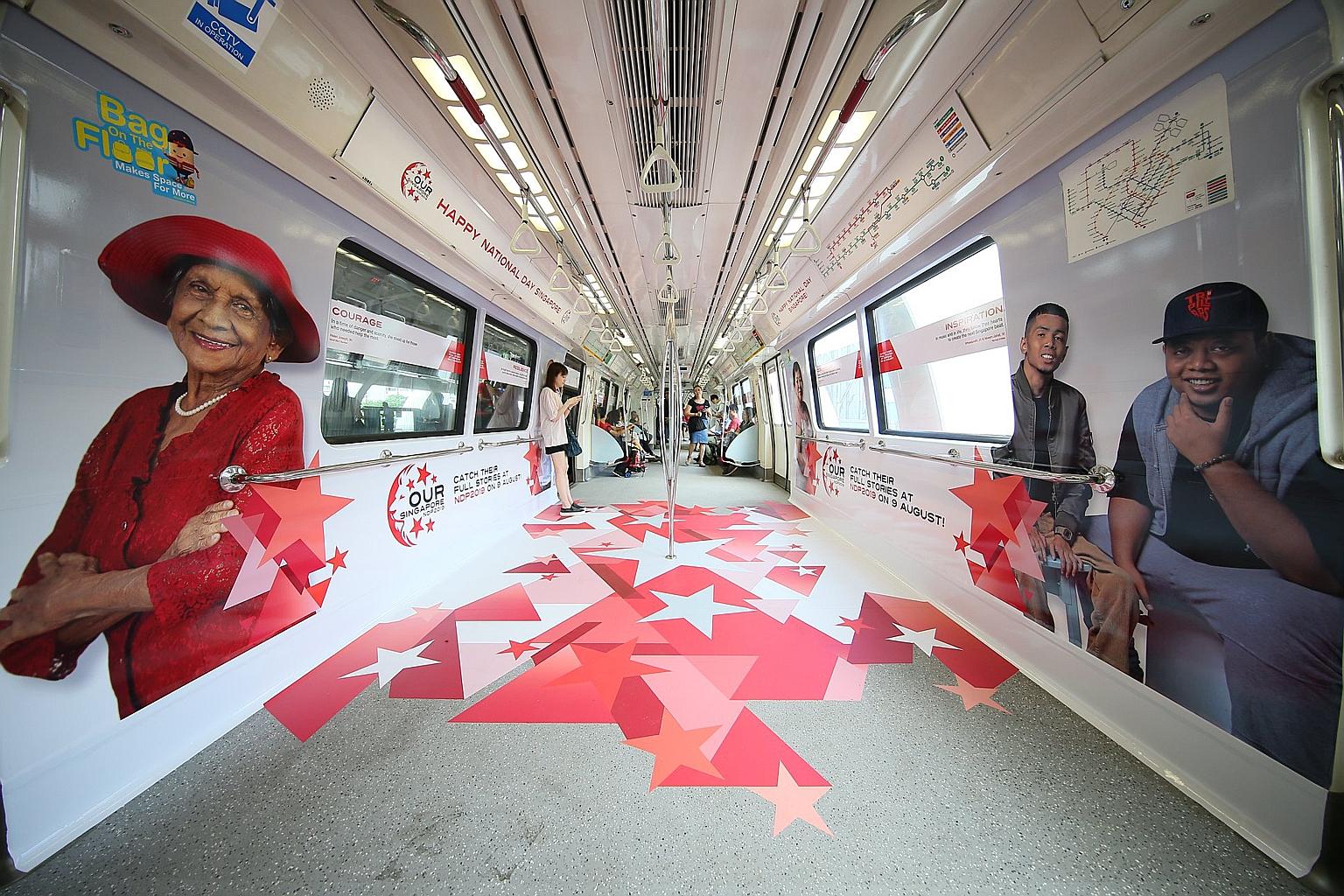 The decorations on board the trains on the North-South, East-West, North East and Circle lines include stars in different shades of red and photos of notable Singaporeans, reflecting this year's National Day Parade theme, Our Singapore.