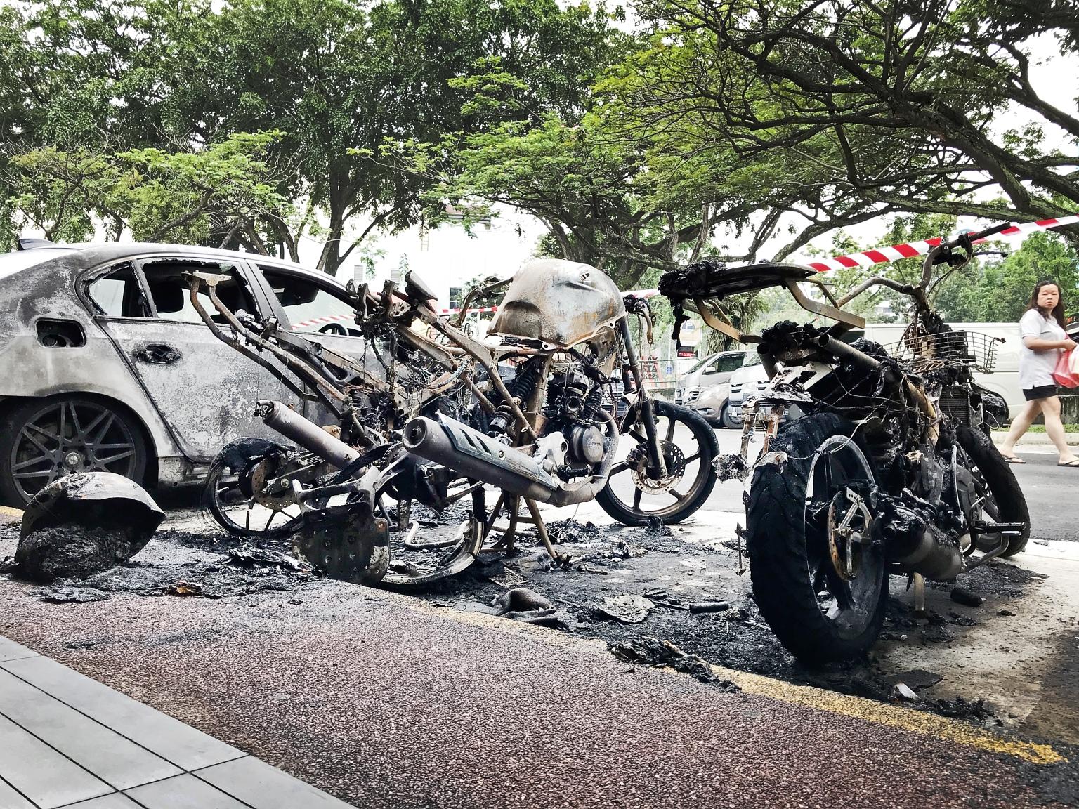 Loh Hsien Aik's act of setting a motorcycle seat on fire caused more than $103,000 in damage to multiple vehicles.