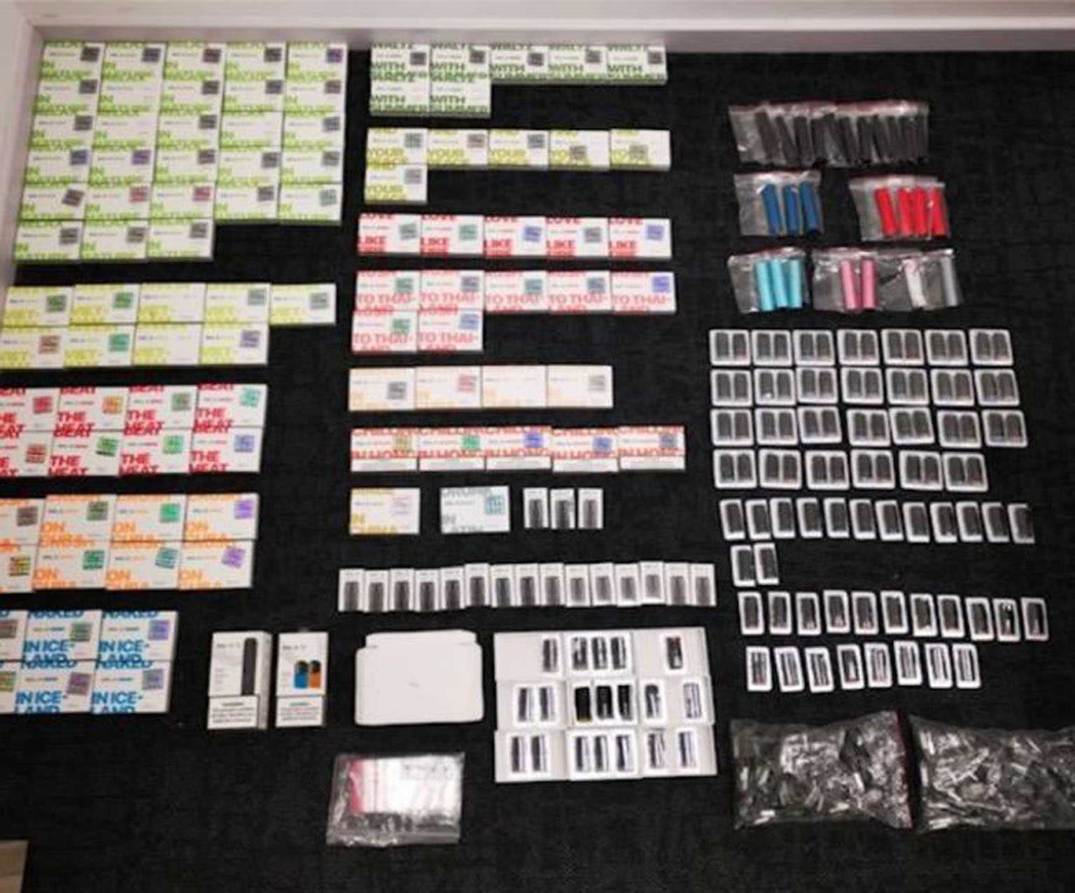 E-vaporisers and electronic liquid cartridges that were found in a POPStation locker. PHOTO: HSA/ICA