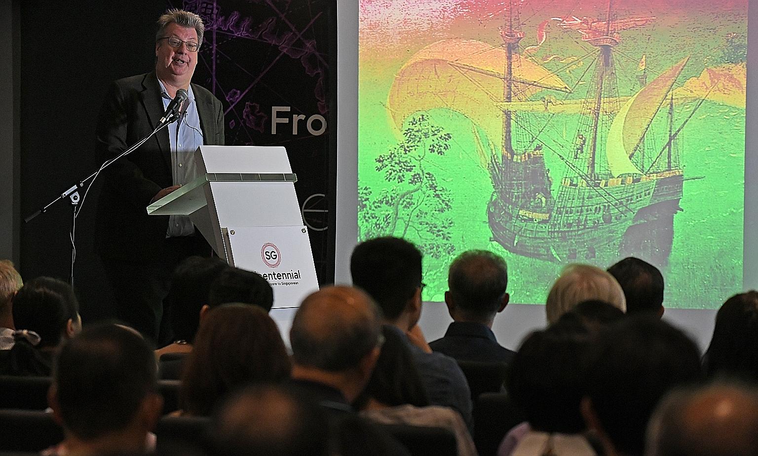 Associate Professor Peter Borschberg giving a talk about the waters of 1500s Singapore and its surrounds, at Fort Canning Centre last Thursday. Prof Borschberg says the curtain never fell on 16th century Singapore, and that sources portray it as an i