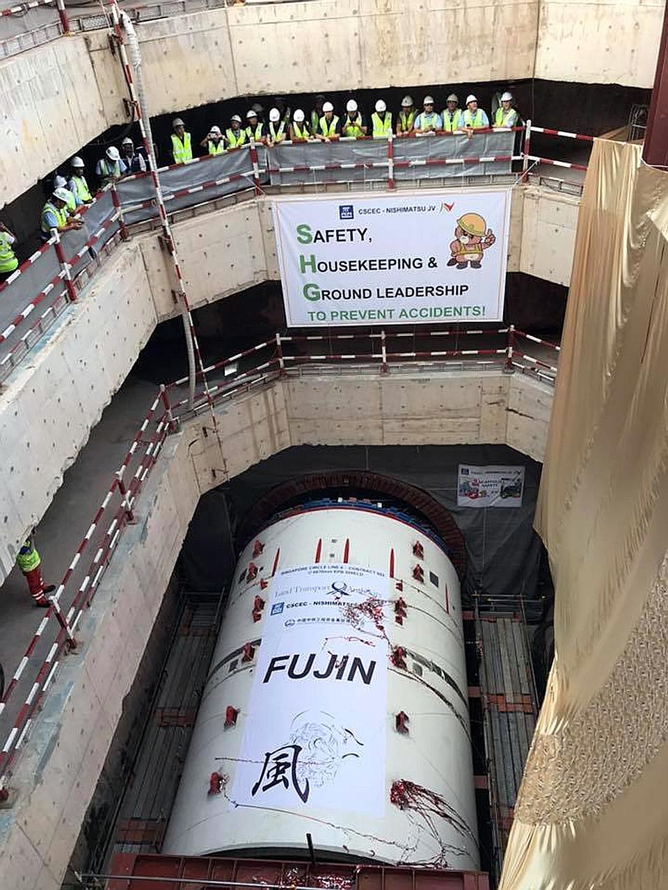 A tunnel boring machine being launched at Keppel station. The machine will tunnel from Keppel to the existing HarbourFront station on the Circle Line.