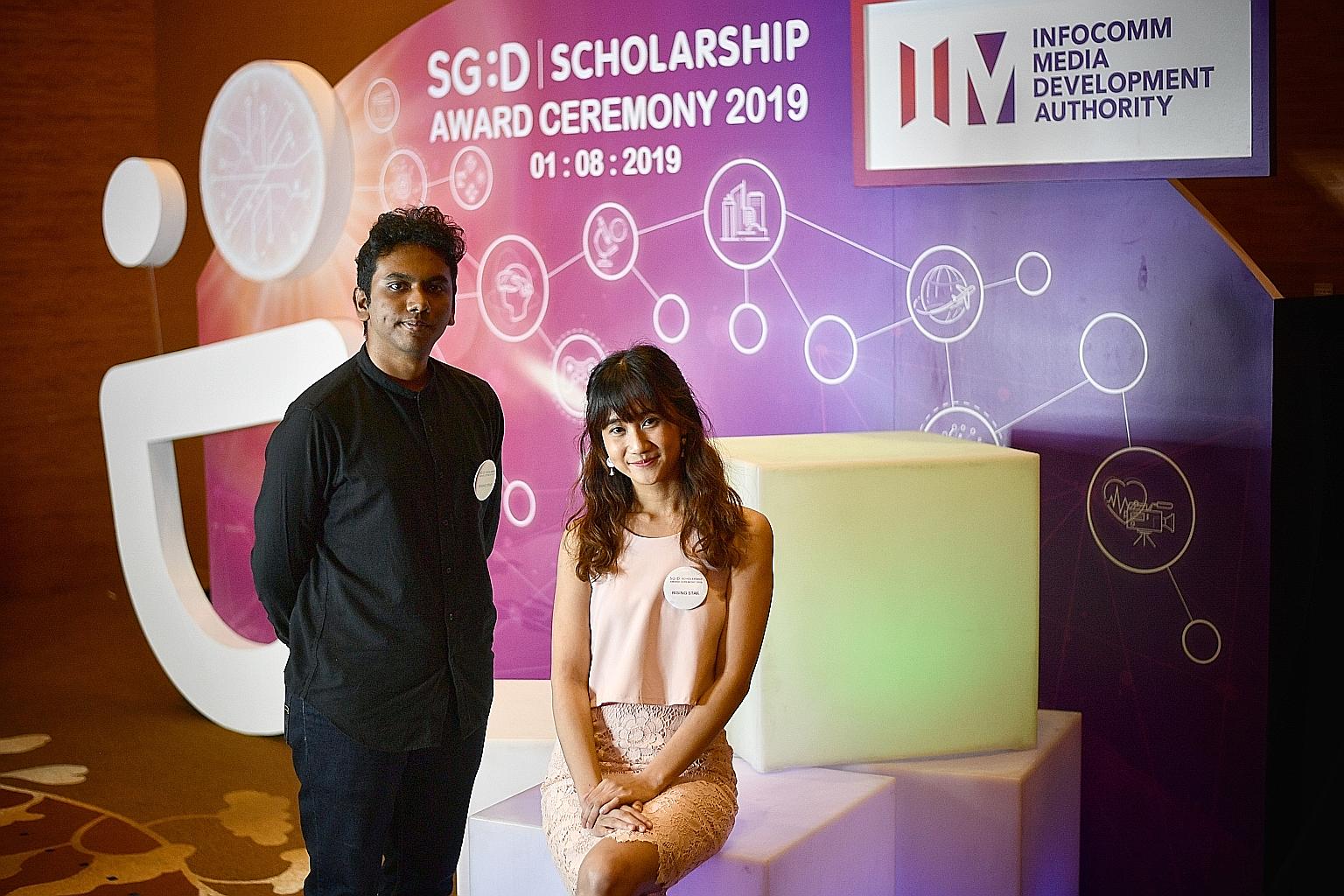 Mr Nishok and Ms Farren Tang are among the 81 recipients of the Infocomm Media Development Authority's inaugural Singapore Digital Scholarship. Mr Nishok plans to major in film and production at university, while Ms Tang is pursuing a master's degree