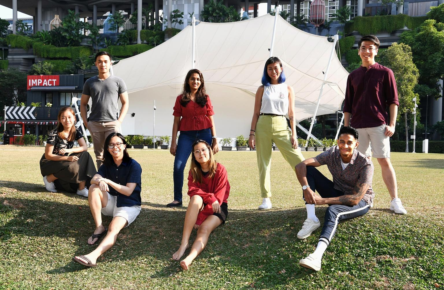 The Sept 21 event is the brainchild of environmental studies student Lad Komal Bhupendra (standing, in red), 19. Her co-organisers include (clockwise from far left) Ms Annika Mock, 20; Mr Aidan Mock, 24; Ms Tan Heng Yeng, 23; Mr Elwin Lim, 24; Mr Kri