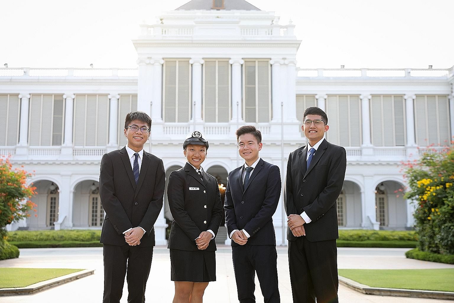 Four 19-year-olds received the President's Scholarship at the Istana yesterday. Ms Allison Tan Sue Min is a dancer from the School of the Arts who has joined the navy, while Mr Siow Mein Yeak, Yue (third from left), from Victoria Junior College, will