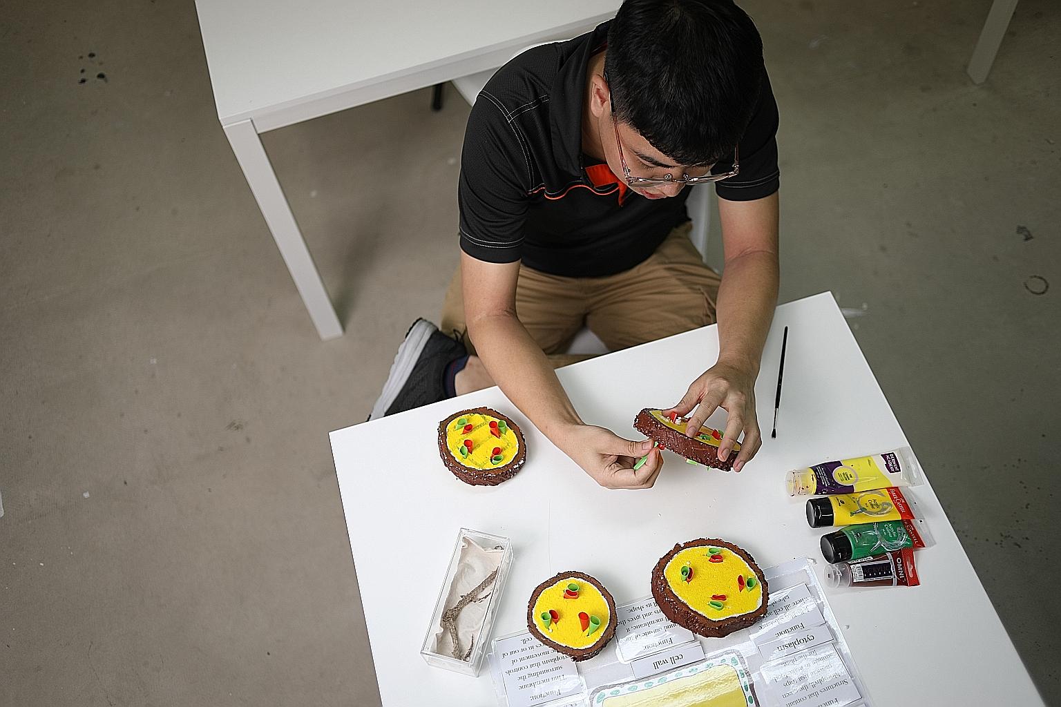 Mr Sia Sin Wei, 31, who has Asperger's syndrome, is a lab assistant at Pathlight School, where one of his roles is to create models out of polystyrene and straws, as "the students learn better in concrete fashion". ST PHOTO: ONG WEE JIN