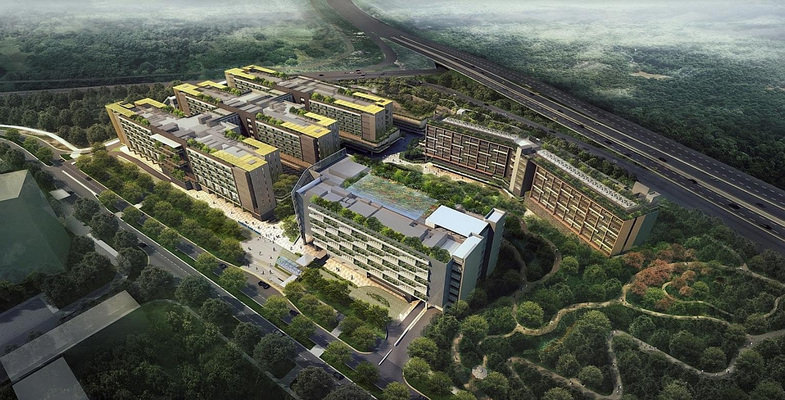 An artist's impression of Woodlands Health Campus. Mr Michael Leong, director at SAA Group Architects, says the structures are orientated in a north-south direction, minimising the heat trapped in the building and maximising wind flow. Roads in the c