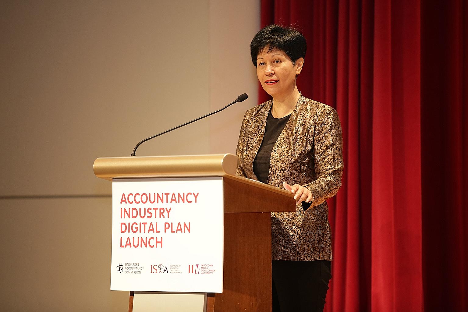 Minister in the Prime Minister's Office Indranee Rajah at the launch of the Accountancy Industry Digital Plan yesterday. The guide will help small and medium-sized practices, which account for 98 per cent of the accountancy sector, to explore opportu
