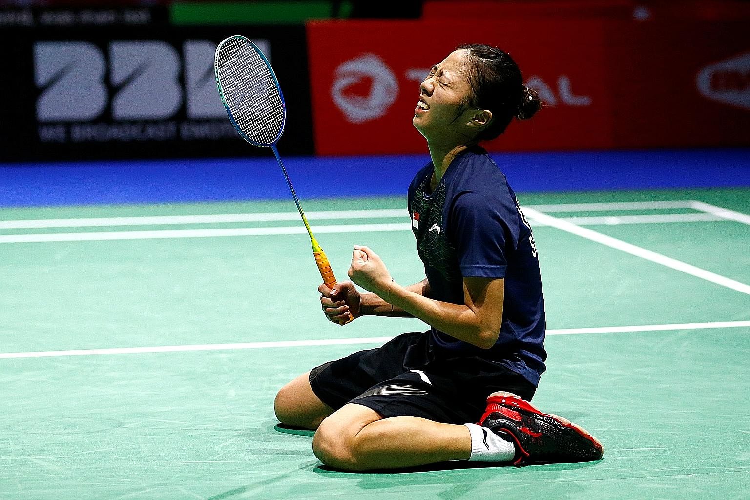 Singaporean shuttler Yeo Jia Min celebrating her 21-15, 14-21, 21-16 win over Vu Thi Trang of Vietnam at the BWF World Championships in Basel, Switzerland, yesterday. With her win, Yeo, 20, became the first Singaporean woman to reach the singles quar