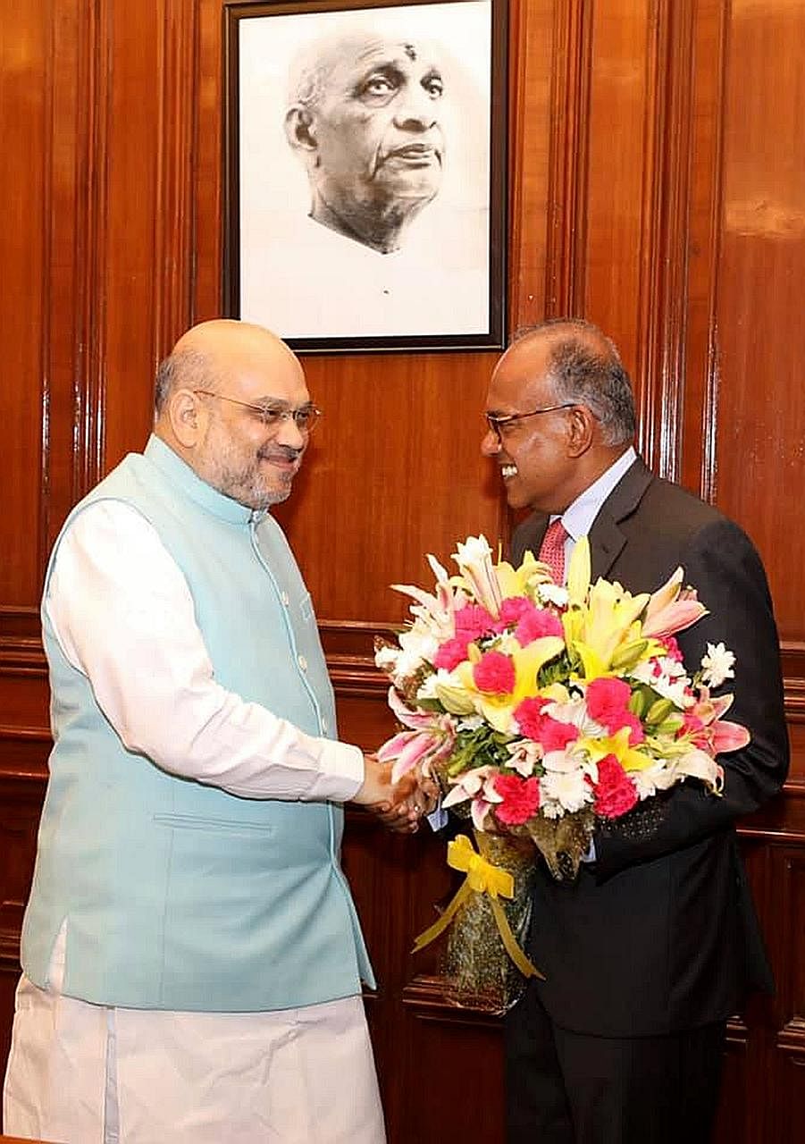 Singapore Minister for Home Affairs and Law K. Shanmugam (right) met Indian Home Minister Amit Shah for talks on bilateral and regional issues in New Delhi last Saturday. PHOTO: AMIT SHAH/TWITTER