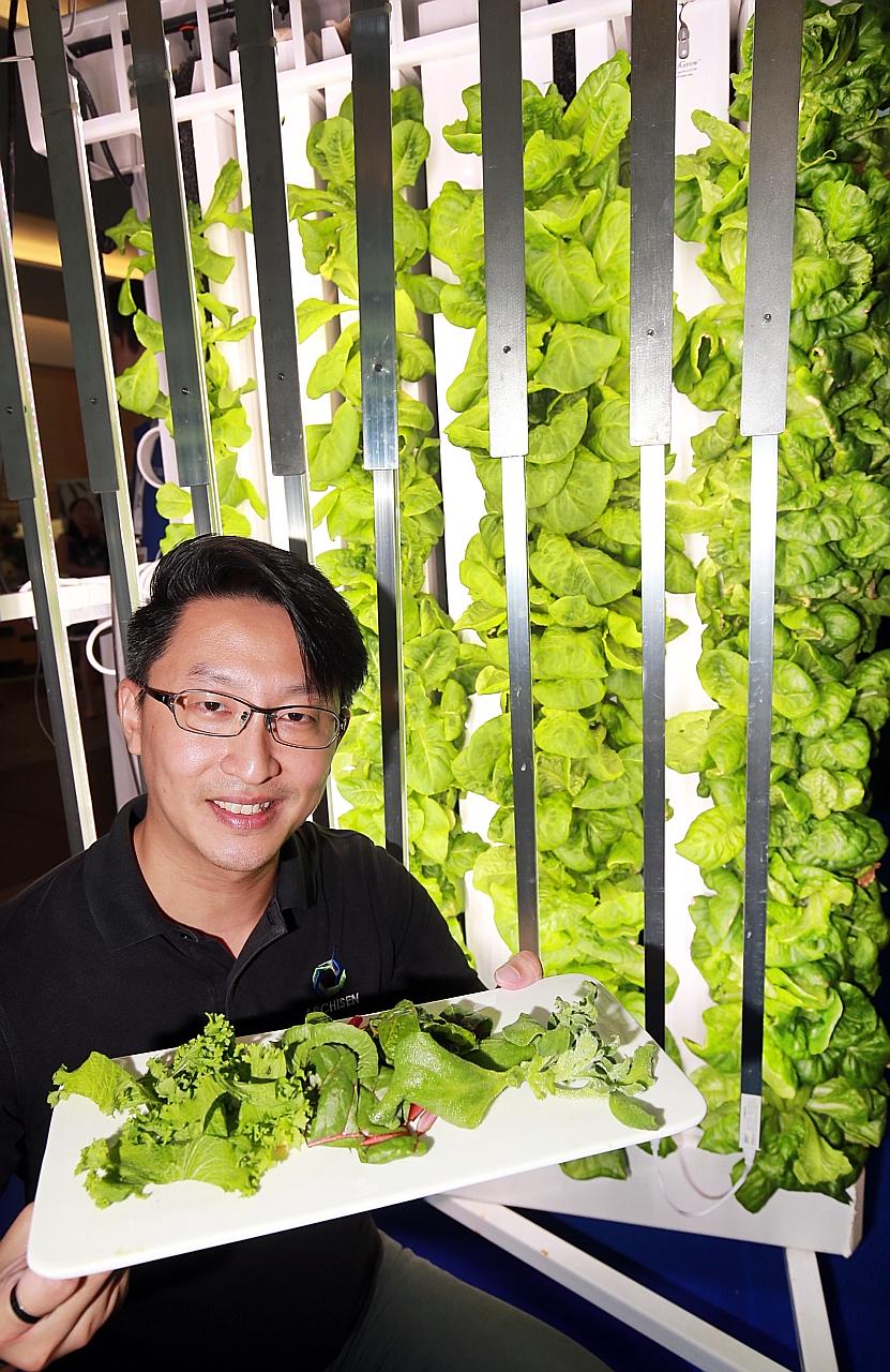 Mr Sven Yeo, co-founder of start-up Archisen - which designs, develops and operates systems and solutions to grow fresh local produce - at the Leaders in Science Forum yesterday. Its technology helps farmers predict yield and waste. PHOTO: LIANHE ZAO