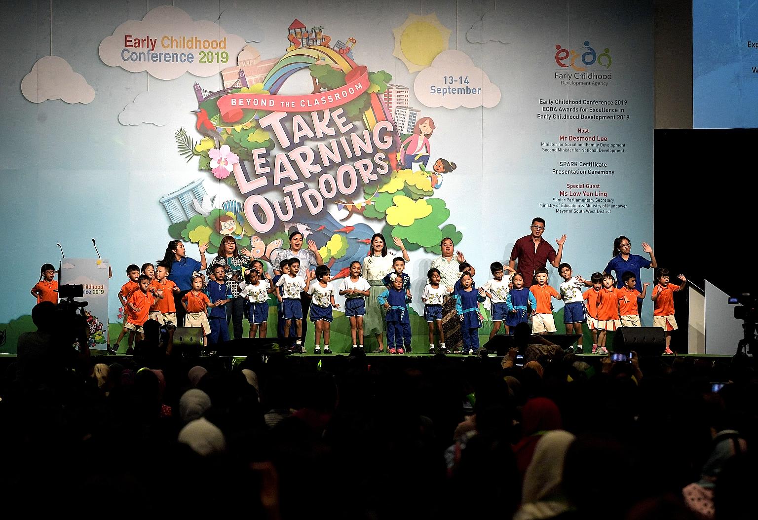 Children and teachers from three pre-schools - My First Skool at Jurong West, Iyad Perdaus and Sarada Kindergarten - performing a skit on the first day of the Early Childhood Conference at the Suntec Singapore Convention and Exhibition Centre yesterd