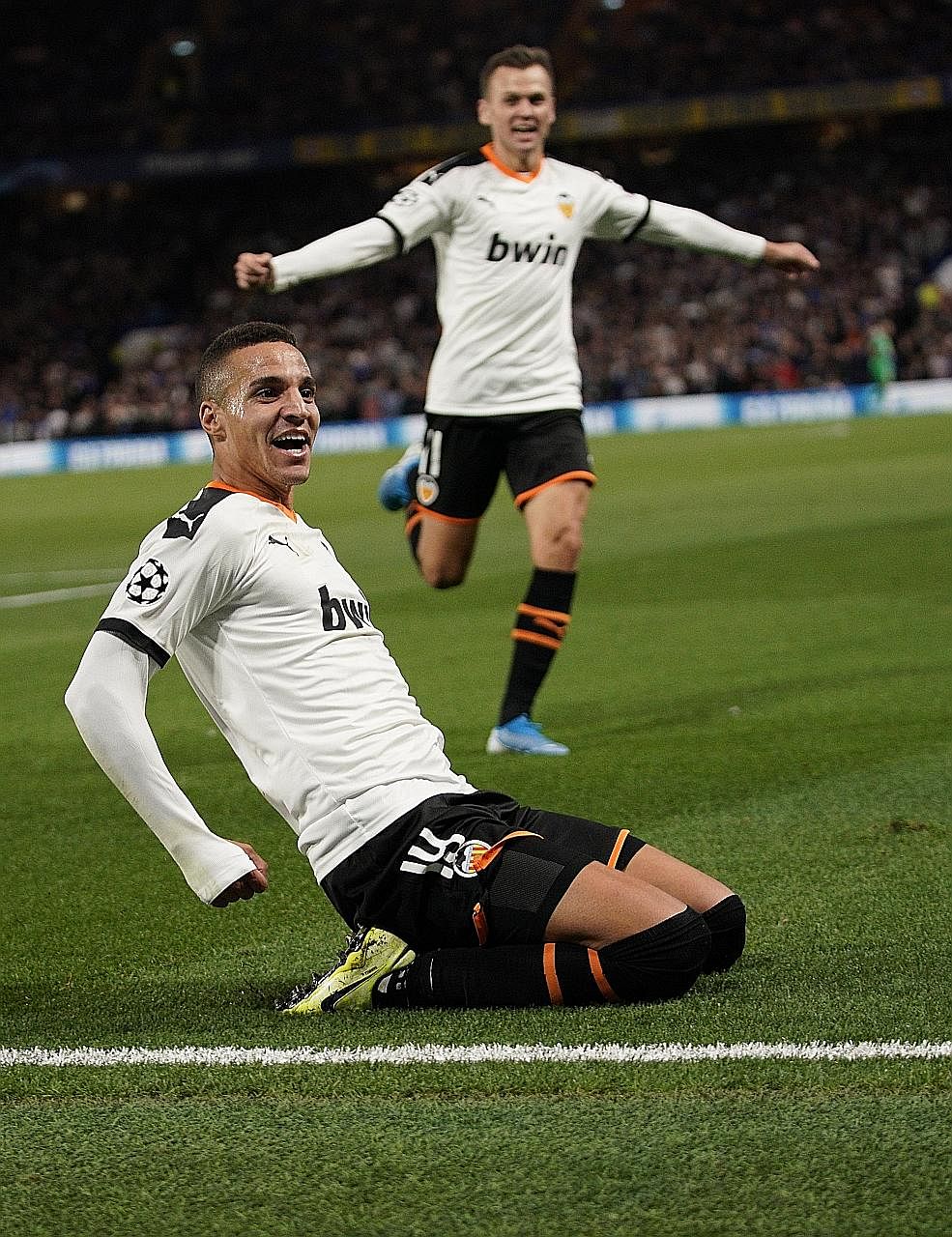 Valencia's Rodrigo celebrating after scoring the winning goal in the 1-0 Champions League win over Chelsea at Stamford Bridge on Tuesday night.