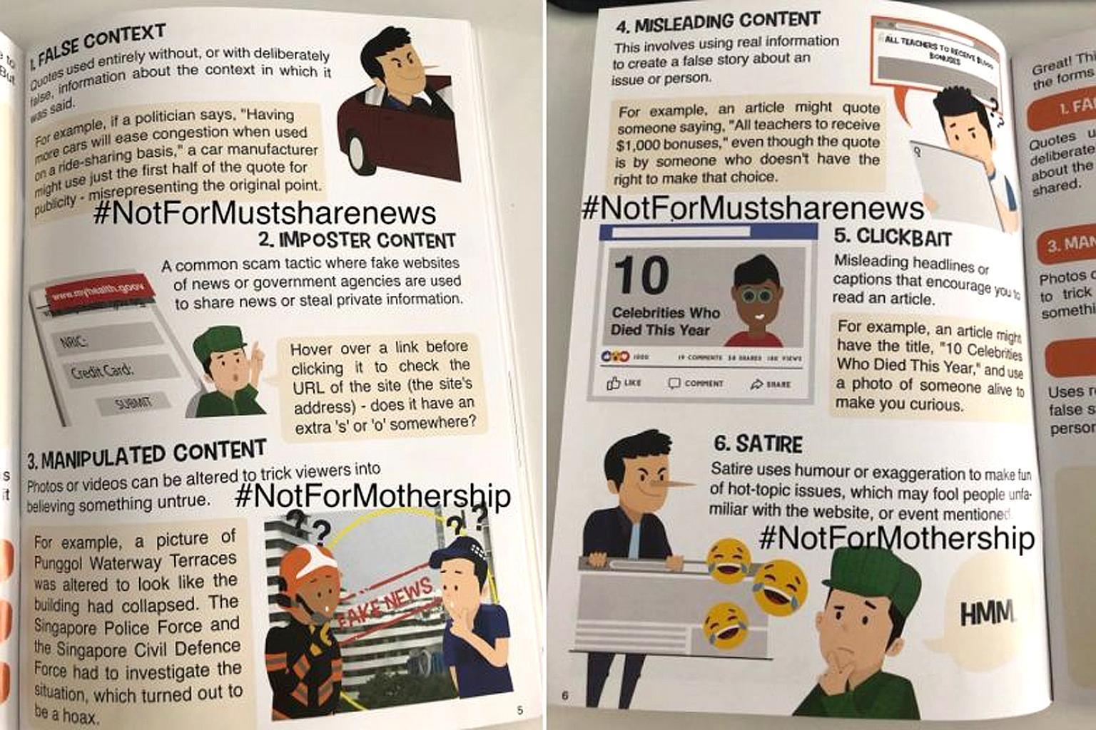 Reddit user ongcs, who posted photos of the booklet online, claims his Primary 1 son got it from his school on Tuesday, over a week after policymakers said the MLC's characterisation of satire as "fake news" was inaccurate.