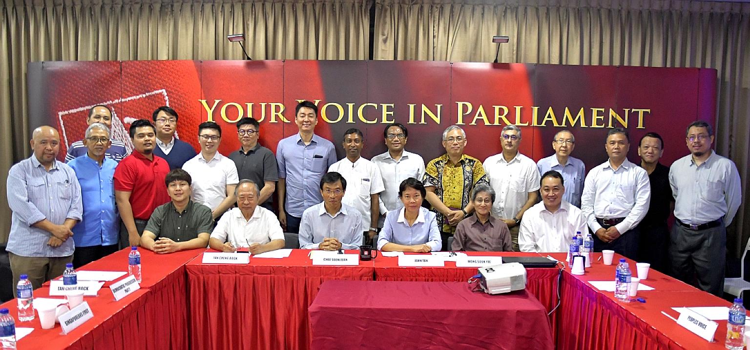 Leaders and key members of seven opposition parties at a meeting last year. They met to discuss the possibility of forming a coalition to contest the next general election. At least three of the parties had also signed a resolution on greater opposit
