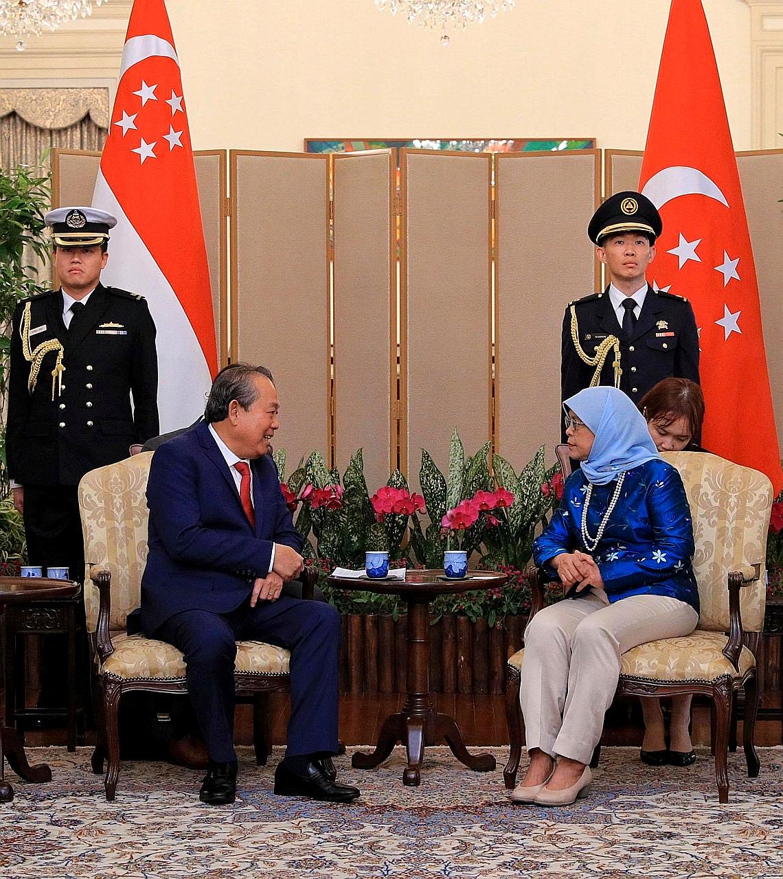 President Halimah Yacob and Vietnam's Permanent Deputy Prime Minister Truong Hoa Binh reaffirmed the excellent state of bilateral ties and had a good exchange on regional developments at the Istana yesterday.