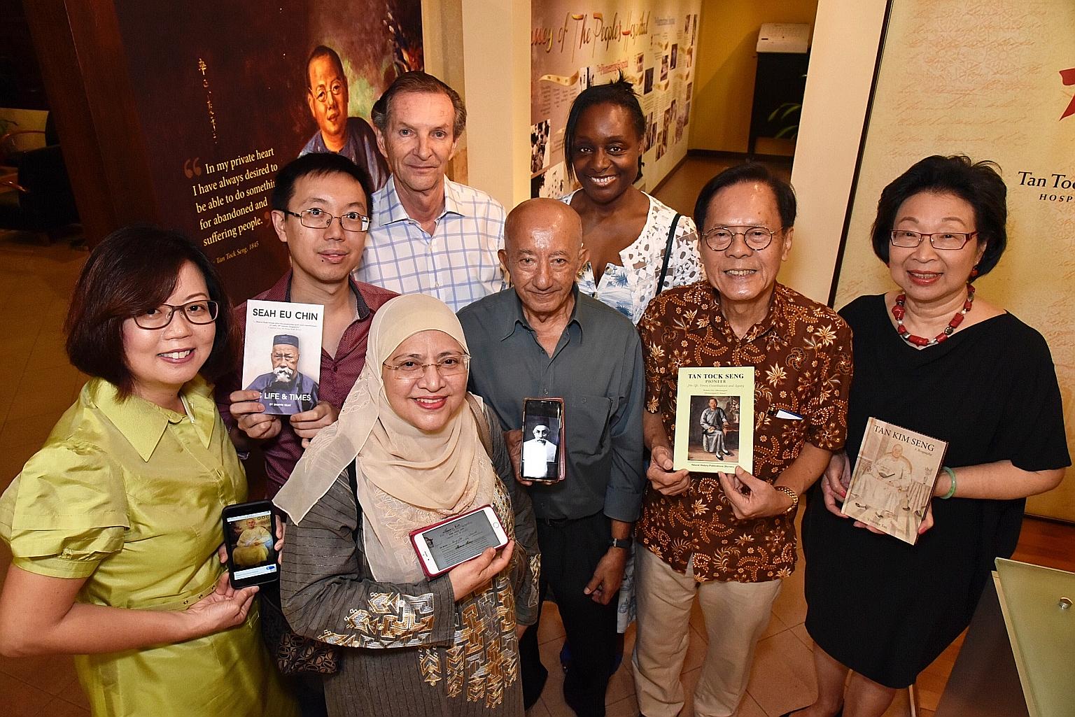 (Front row, from left) Ms Jolene Seet, great-great-great-great-granddaughter-in-law of Seet Hoot Kee; Mr Shawn Seah, great-great-great-grandson of Seah Eu Chin; Ms Zahra Aljunied, great-great-granddaughter of Syed Omar Aljunied; Mr Malik Alsagoff, gr