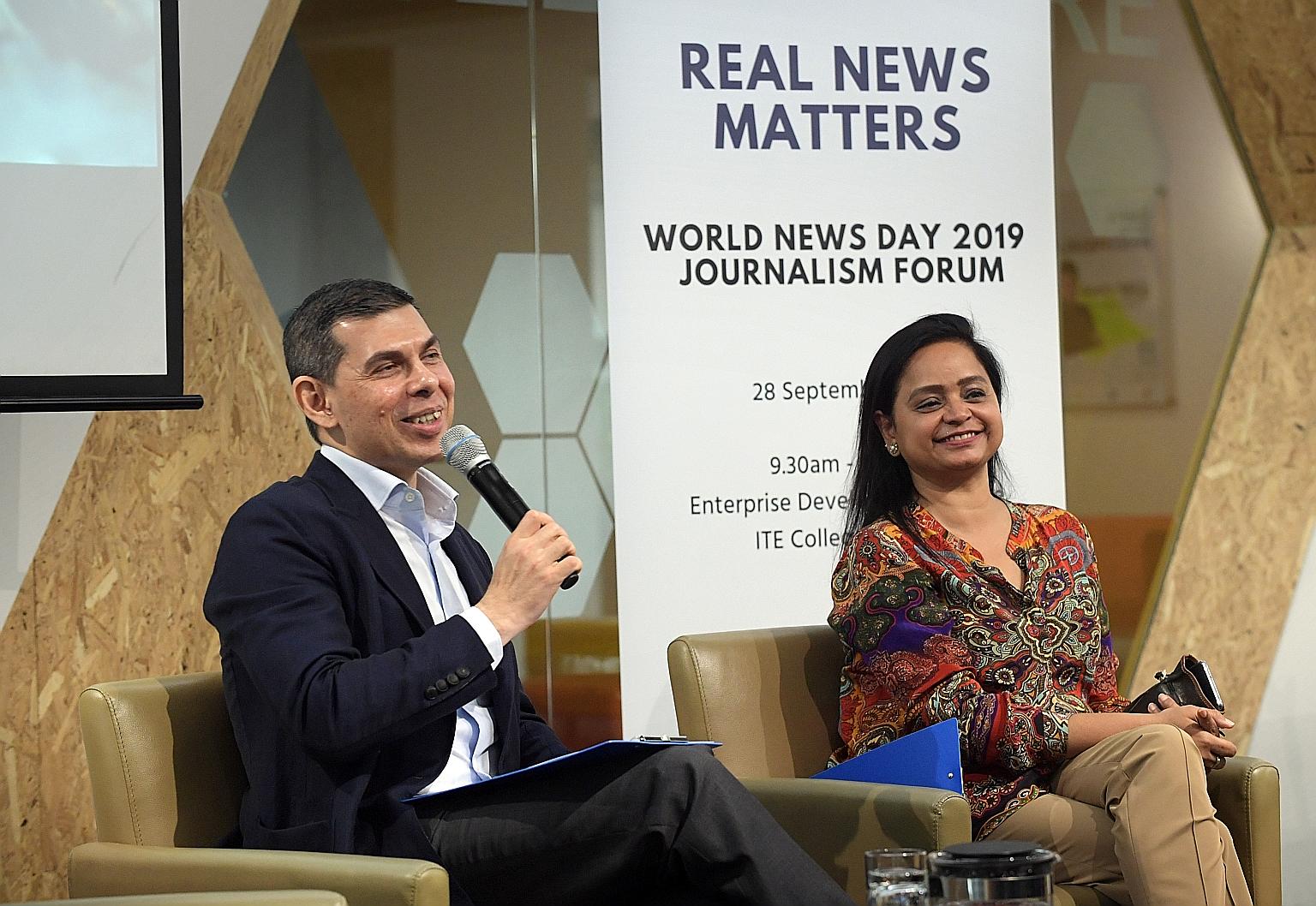 Mr Warren Fernandez, editor of The Straits Times, and Asia News Network editor Shefali Rekhi at the Real News Matters forum. ST PHOTO: ALPHONSUS CHERN