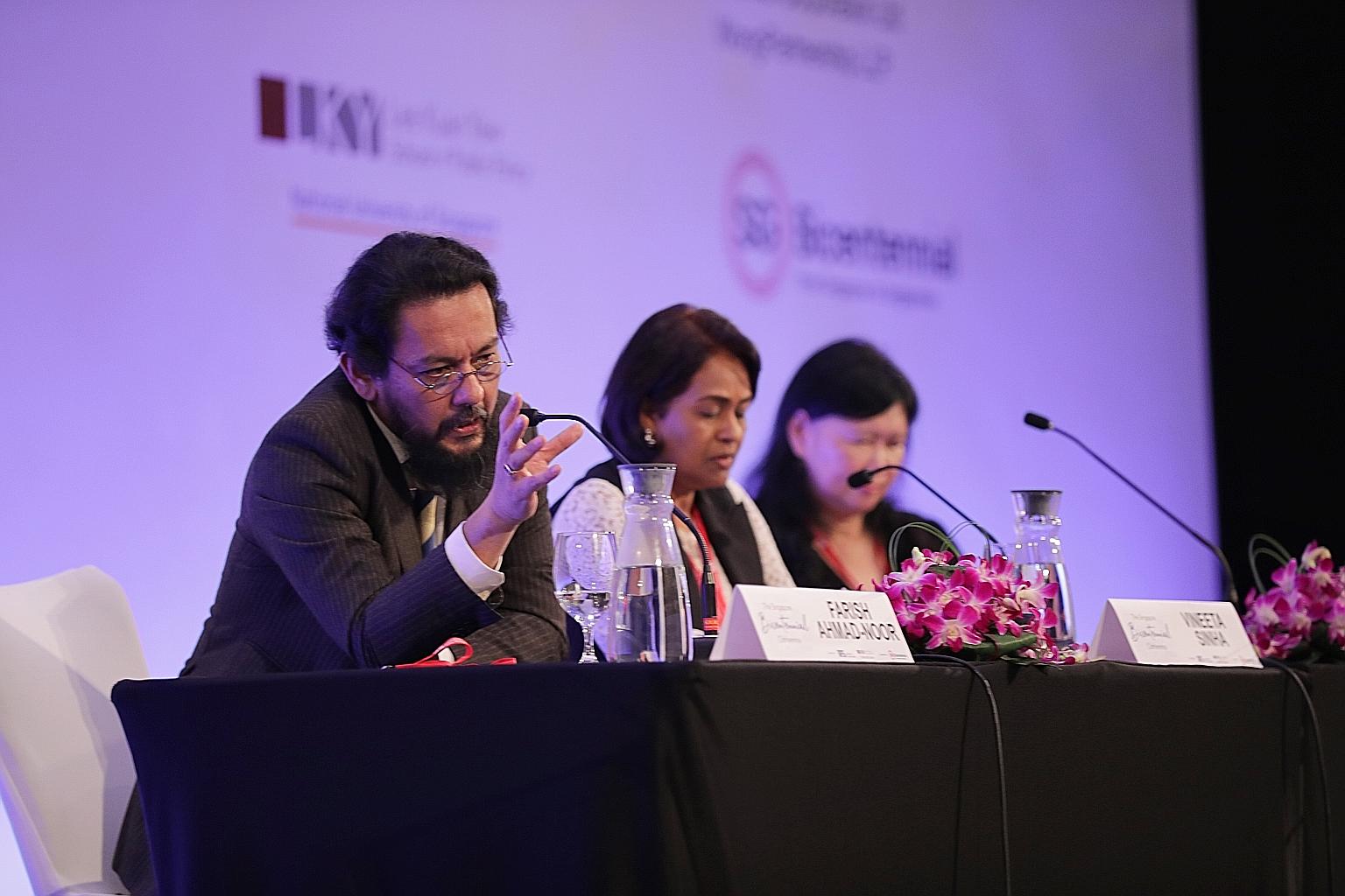 Associate Professor Farish Ahmad-Noor of the S. Rajaratnam School of International Studies speaking at the Singapore Bicentennial Conference yesterday. With him were National University of Singapore (NUS) head of sociology Vineeta Sinha (centre), who