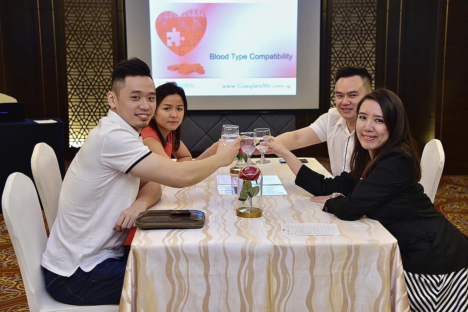 Singles taking part in a blood type dating event on Sept 20 at the Holiday Inn Singapore Orchard City Centre: (clockwise from left) Mr Travis Chia, an entrepreneur; Ms Cynthia Wong, an accountant; Mr Chin Wen Wei, an auditor; and Ms Felicia Cheng, a 