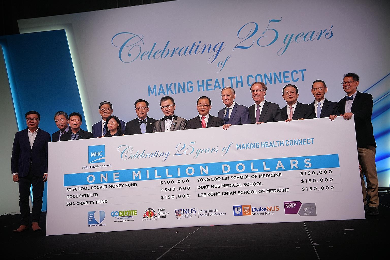Medical benefits administrator and health technology business MHC Asia Group yesterday donated $1 million in total during its 25th anniversary celebrations. The sum includes $100,000 for The Straits Times School Pocket Money Fund, which provides pock