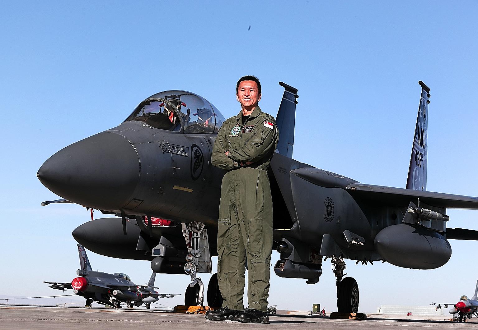 Forging Sabre Exercise director Brigadier-General Ho Kum Luen, with one of the F-15SG fighter aircraft hosted at Mountain Home Air Force Base in Idaho. The training airspace there is more than three times that of Singapore's training airspace. ST PHO