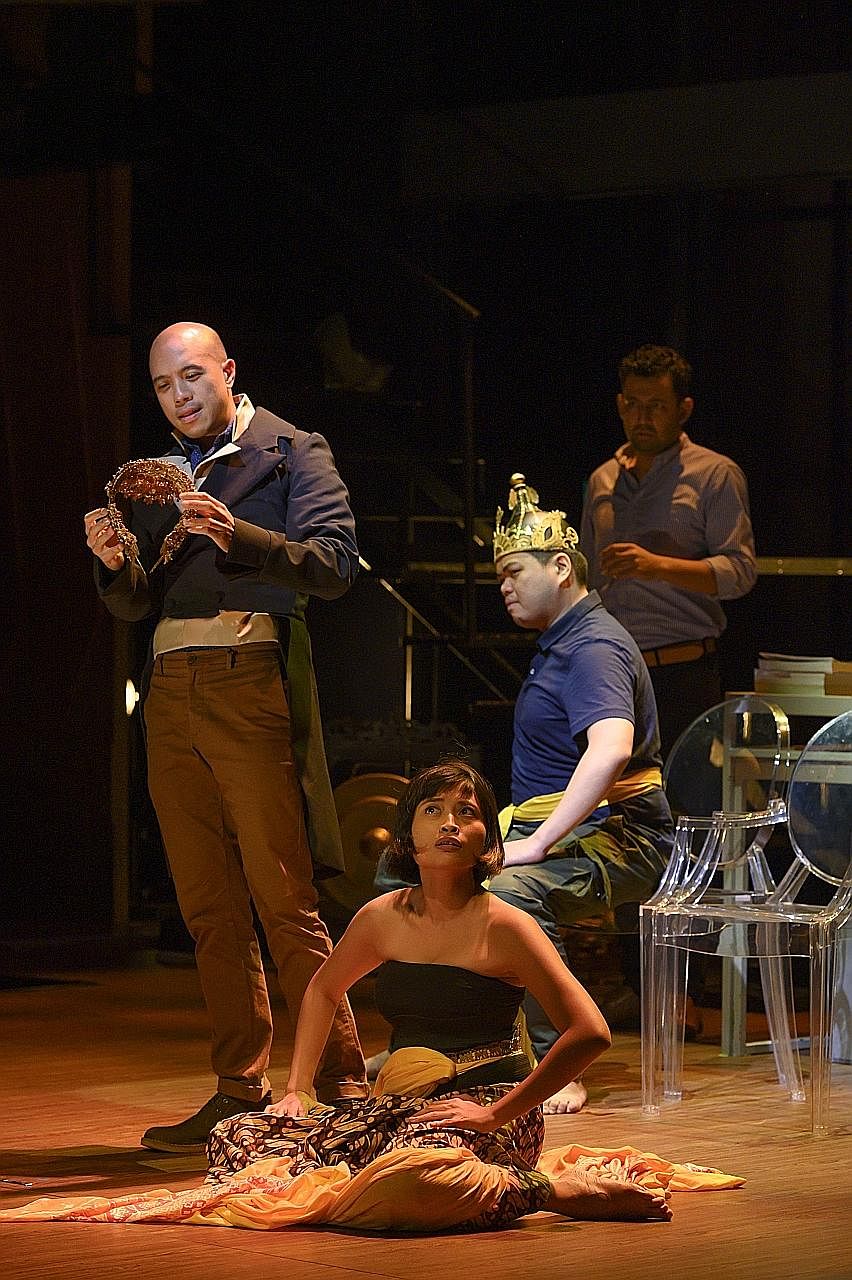 The ensemble cast throw themselves into lengthy recitatives and recreations with commendable energy. From left: Brendon Fernandez, Umi Kalthum Ismail (seated on floor), Chong Woon Yong and Ghafir Akbar.