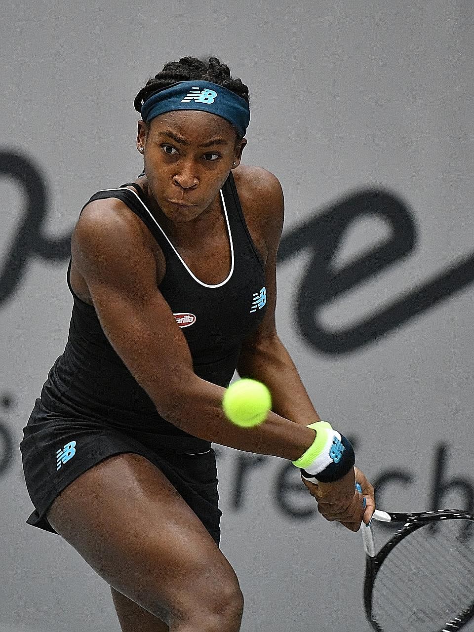 Teenage prodigy Coco Gauff on the way to claiming her first WTA title with a 6-3, 1-6, 6-2 victory over former French Open champion Jelena Ostapenko in Linz yesterday. PHOTO: DPA
