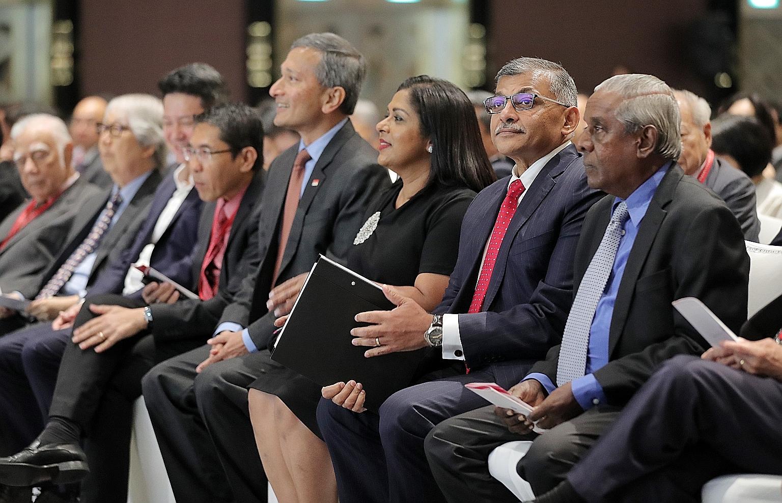 At the S. Rajaratnam Lecture yesterday were (from right) former deputy prime minister S. Jayakumar, Chief Justice Sundaresh Menon, Mrs Sundaresh Menon, Foreign Minister Vivian Balakrishnan, Senior Minister of State for Defence and Foreign Affairs Mal