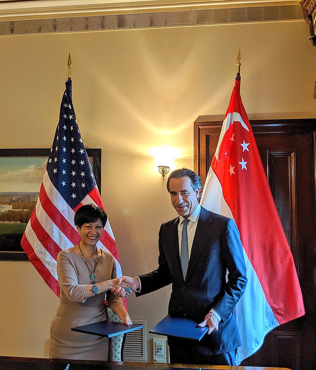 Minister in the Prime Minister's Office and Second Minister for Finance and Education Indranee Rajah with US Deputy Treasury Secretary Justin Muzinich in Washington on Wednesday.