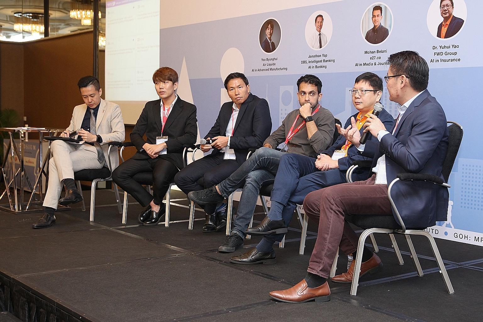 (From far left) Moderator Richardo Chua, Mr Yoo Byunghui from Air Liquide, Mr Jonathan Yap from DBS Intelligent Banking, Mr Mohan Belani from e27.co, Dr Yuhui Yao from FWD Group, and Mr Lim Chee Siong from Huawei, South Pacific, at a panel discussion