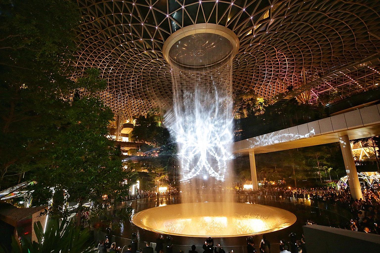 The new light and sound show at Jewel Changi Airport's 40m-high HSBC Rain Vortex is the third show at the indoor waterfall and is set to a new song, As I Believe, composed and sung by local Mandopop star JJ Lin. It made its debut around 7.30pm last n